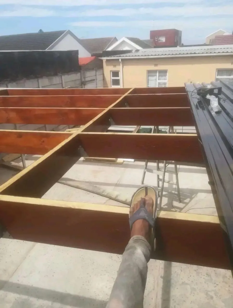Timber roof frame from below