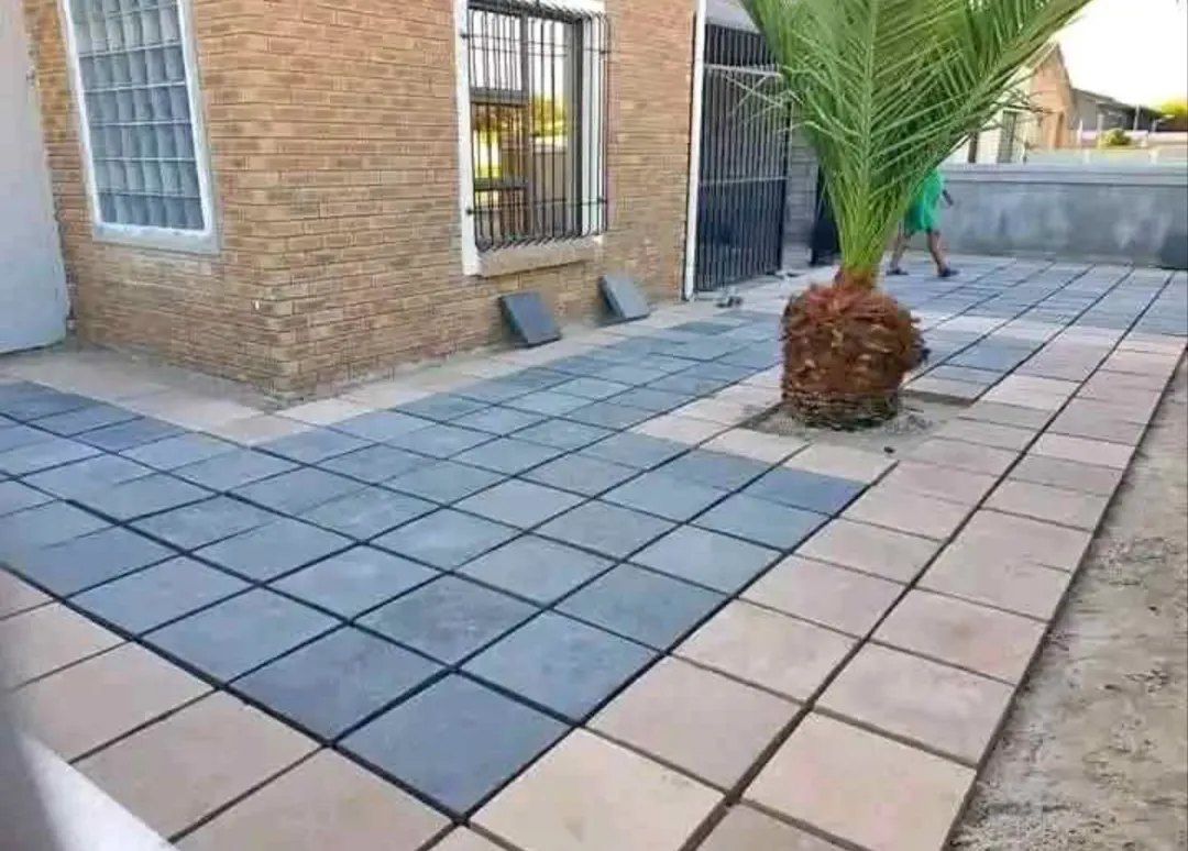 Courtyard paved in grey square pavers around a palm