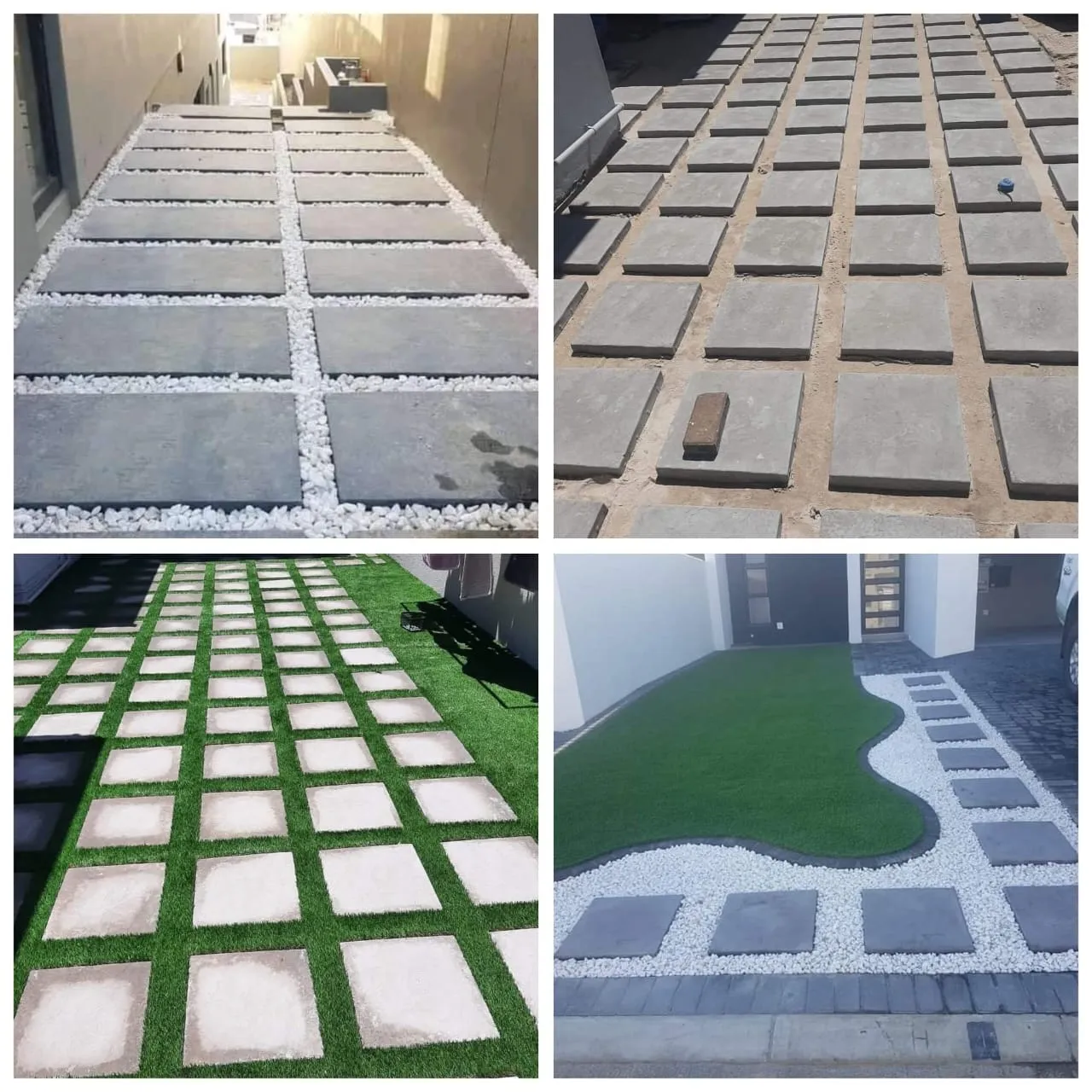 Collage of paver and artificial grass pathways