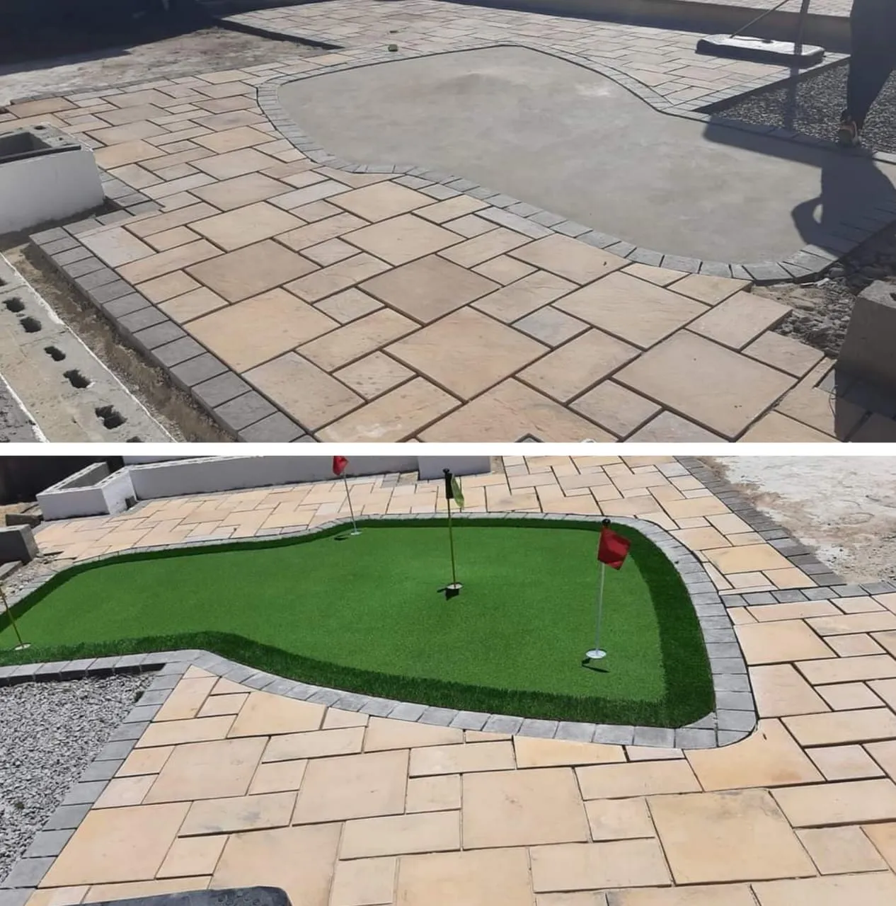 Artificial putting green surrounded by paving