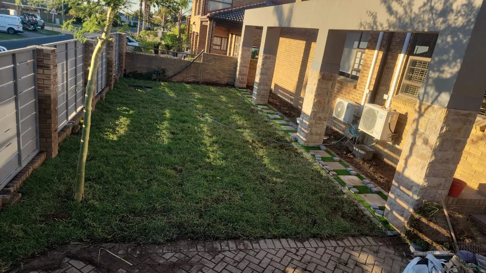 Newly installed lawn in a residential garden